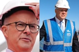 Anthony Albanese in a white hard hat and scott morrison in a white hard hat and blue work vest
