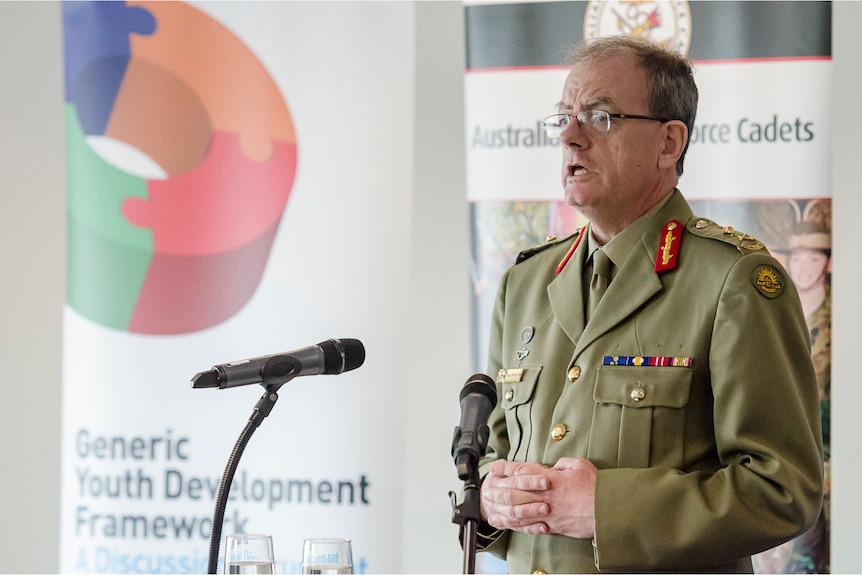 Major General Paul Brereton wearing military dress speaking at an event for cadets