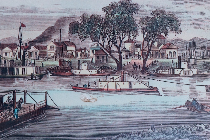 A drawing shows several paddle steamers and a row boat on the river