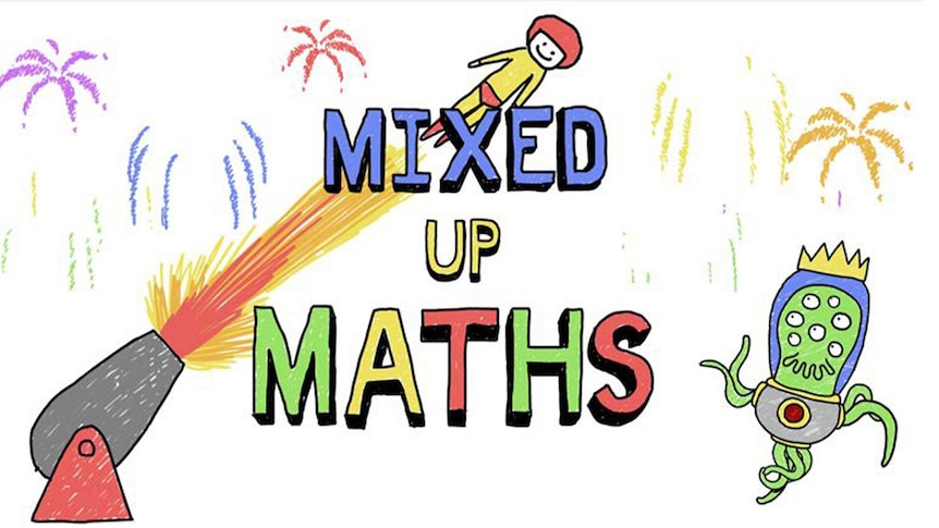 Animated image of a person being shot out of a cannon and an alien, with the text 'Mixed Up Maths'