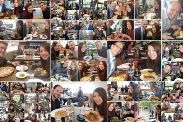 A graphic featuring a collection of photos of Kaley Chu at lunch with different people.