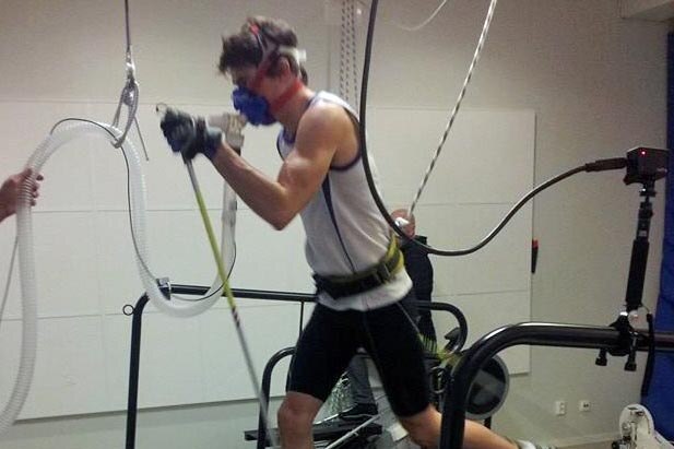 Callum Watson runs on a treadmill while hooked up to breathing apparatus.