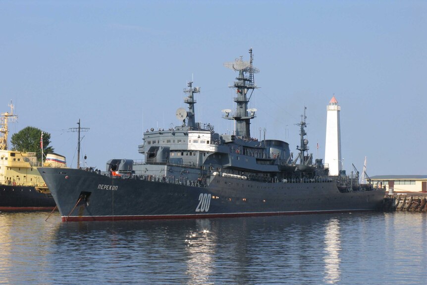 The Russian naval ship Perekop docked in the town of Kronstadt.