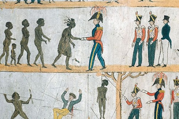 old drawing of colonial settlers greeting Aboriginal people