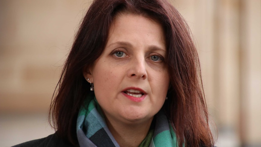A headshot of Alison Xamon at Parliament House, wearing a black coat and green checked scarf.