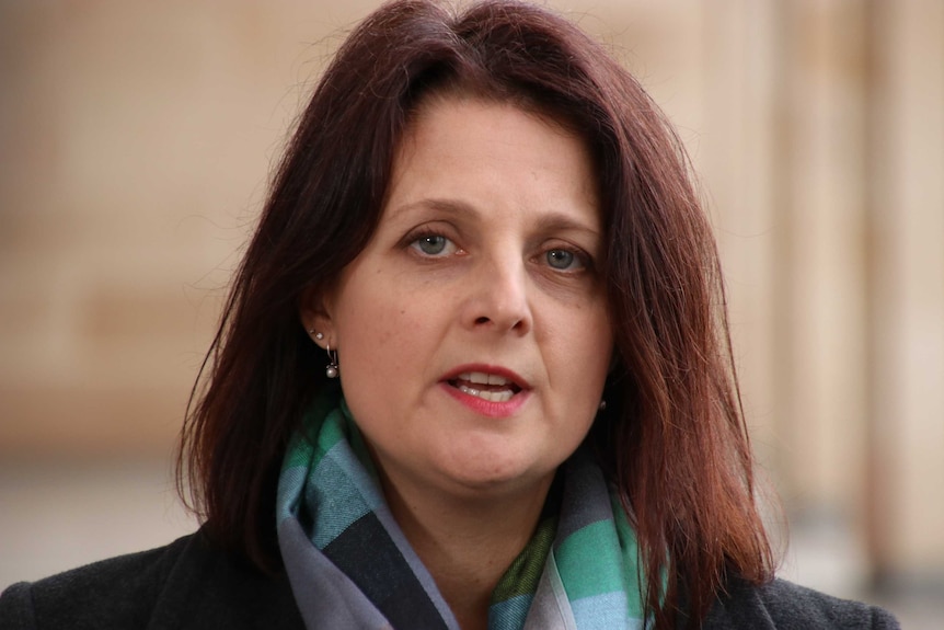 A headshot of Alison Xamon at Parliament House, wearing a black coat and green checked scarf.