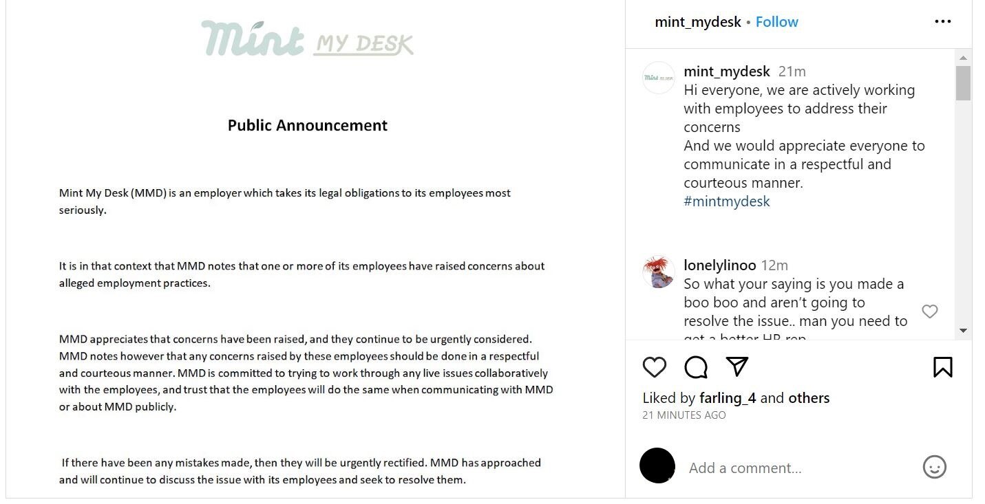 A screen shot of a statement on the Mint My Desk instagram. 
