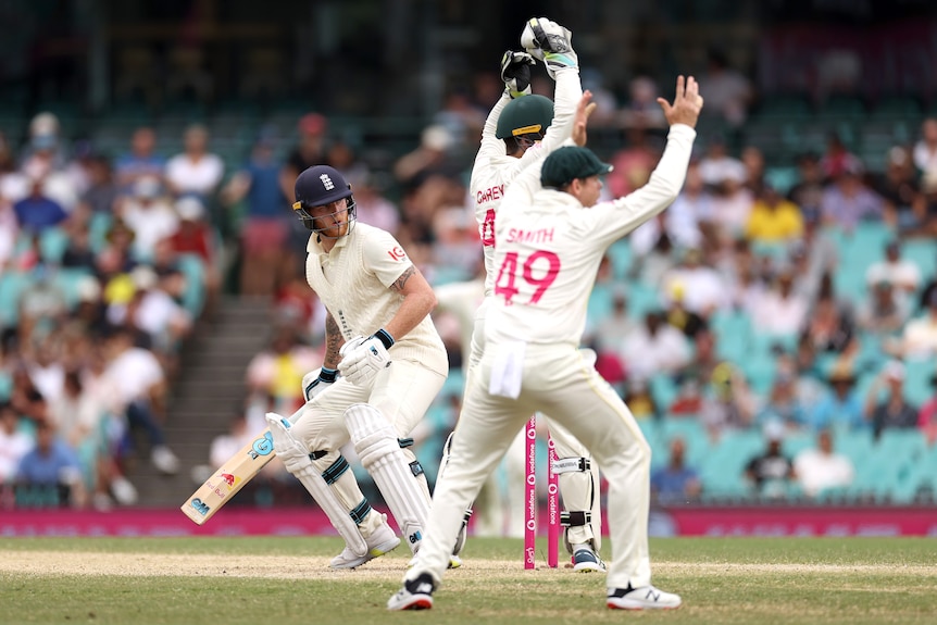 England batter Ben Stokes turns around and Australia's Alex Carey and Steve Smith throw their hands up in excitement.