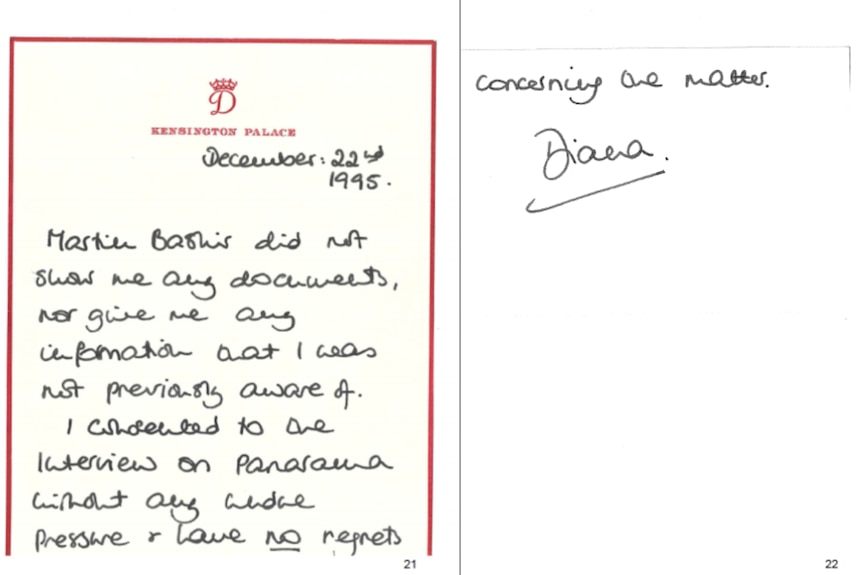 A handwritten letter saying Princess Diana was not shown documents to convince her to appear on Panorama.