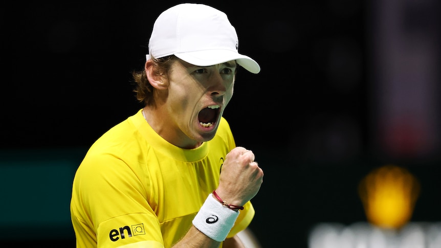 An Australian male tennis player pumps his fist during a Davis Cup tie.