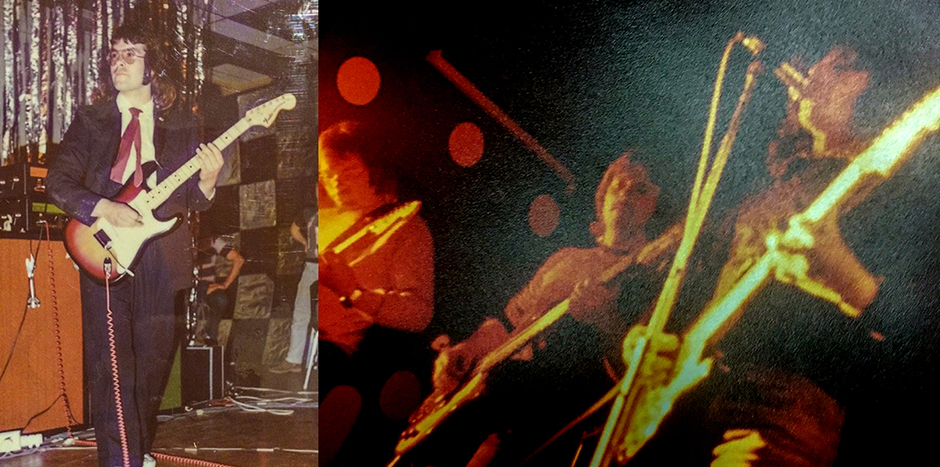 Paired images of a 70s band playing guitars.