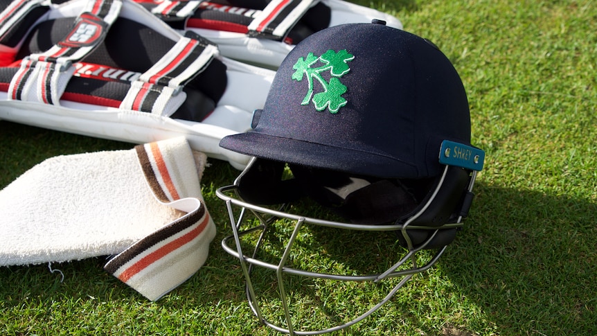 Cricket pad and a helmet with a shamrock design sit on a green lawn.