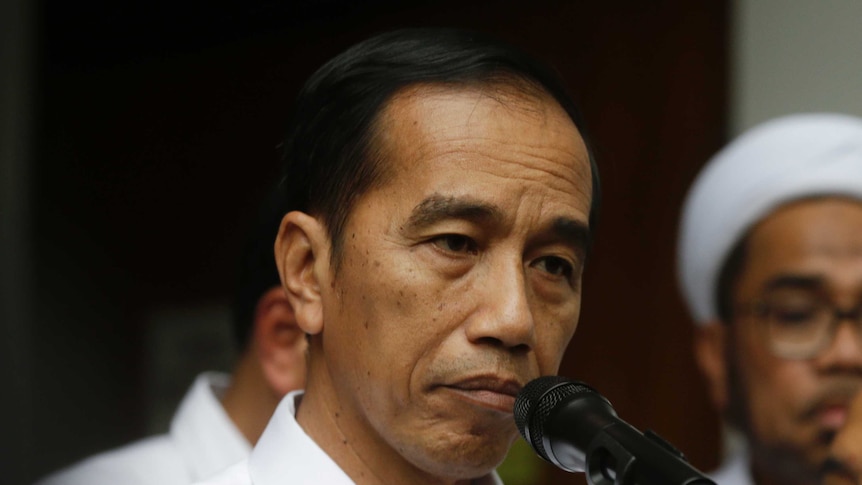 Indonesian President Joko Widodo speaks to journalists.