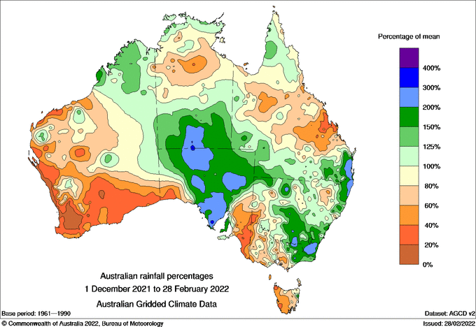 Map of AUS showing dry in sections indicated in caption and wet elsewhere 