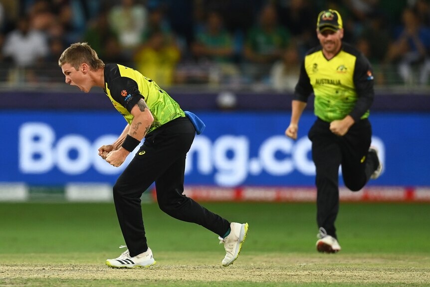 Un jugador de bolos australiano celebra tomar un wicket en la Copa del Mundo T20 masculina.