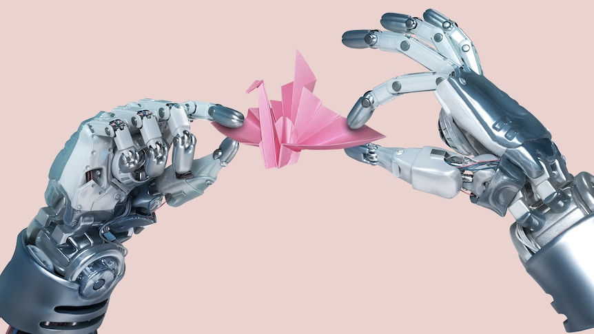 Artwork of two robotic hands making a pink origami crane.