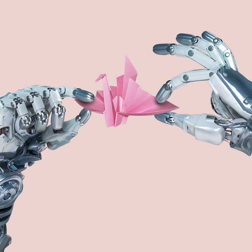 Artwork of two robotic hands making a pink origami crane.