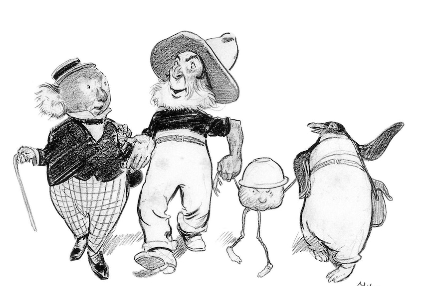 A black and white drawing of a koala in a suit, a sailor, a pudding with a bowl for a hat and a penguin in trousers