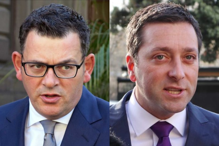 Daniel Andrews and Matthew Guy separately speak to reporters.