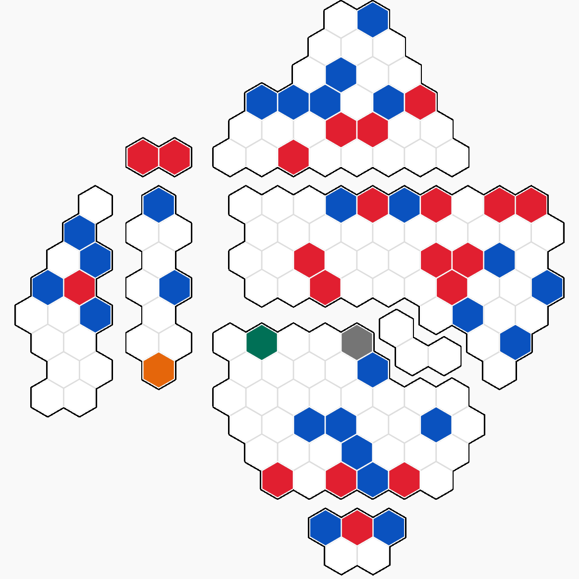 A white map of Australia divided up into hexagonal shapes, with some of the shaped coloured in red, blue or grey.