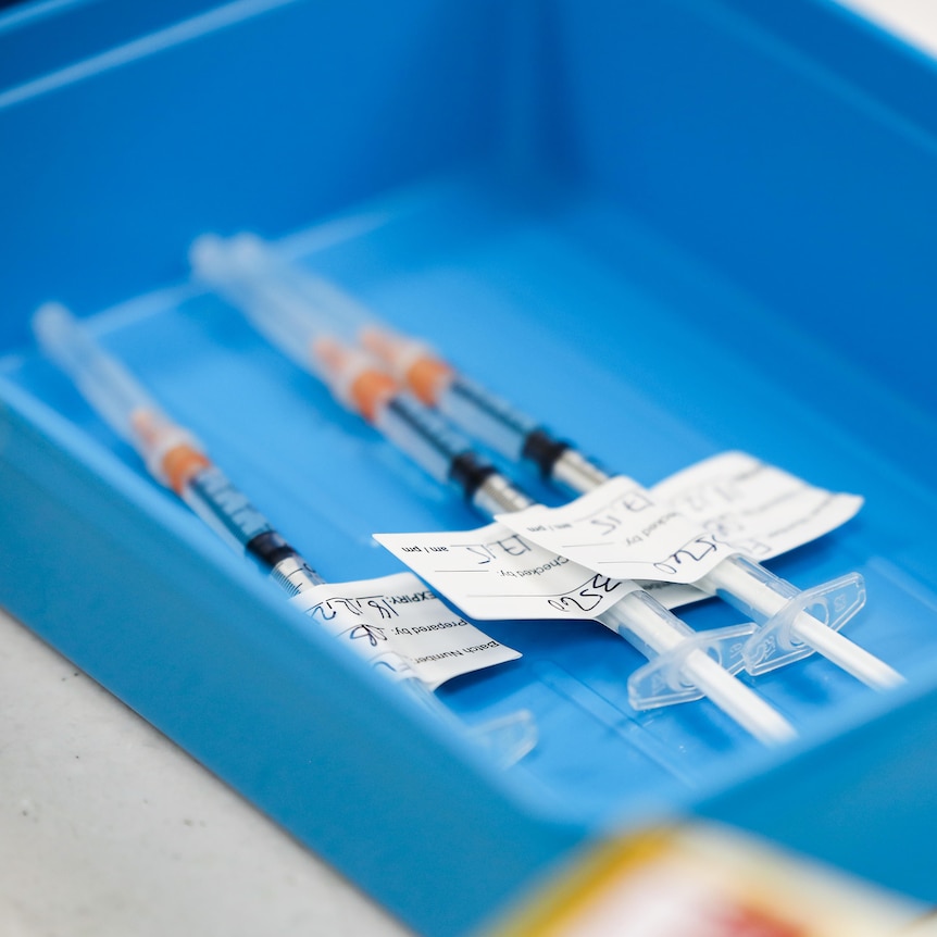 Syringes sit in a tray.