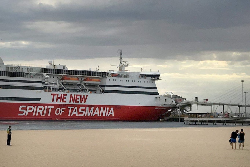 People stand on a beach and look at the Spirit of Tasmania after it broke its moorings.