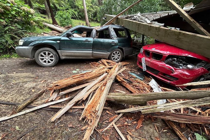 Collapsed carport completely crushes a red car and SUV, laying amongst splintered wood.