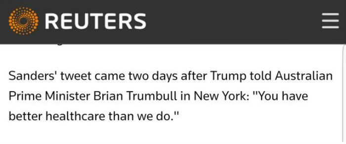 A screenshot of a Reuters news article that says "Australian Prime Minister Brian Trumbull".