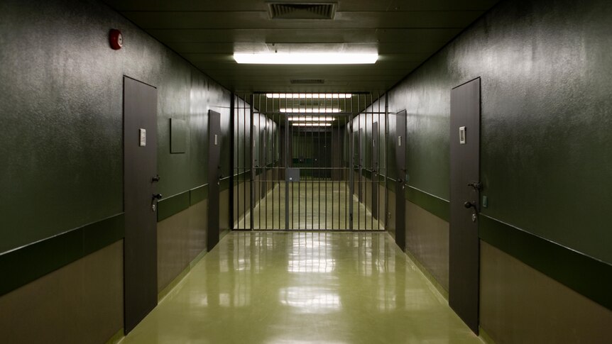 dark corridor with doors on the side and wall-to-wall metal bars in the middle of corridor