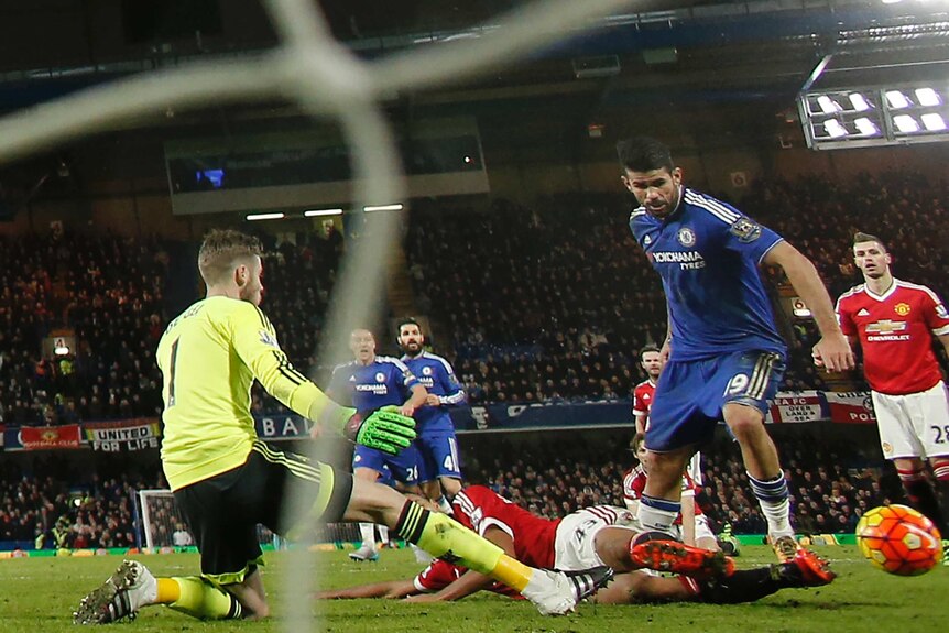 Diego Costa scores against Manchester United