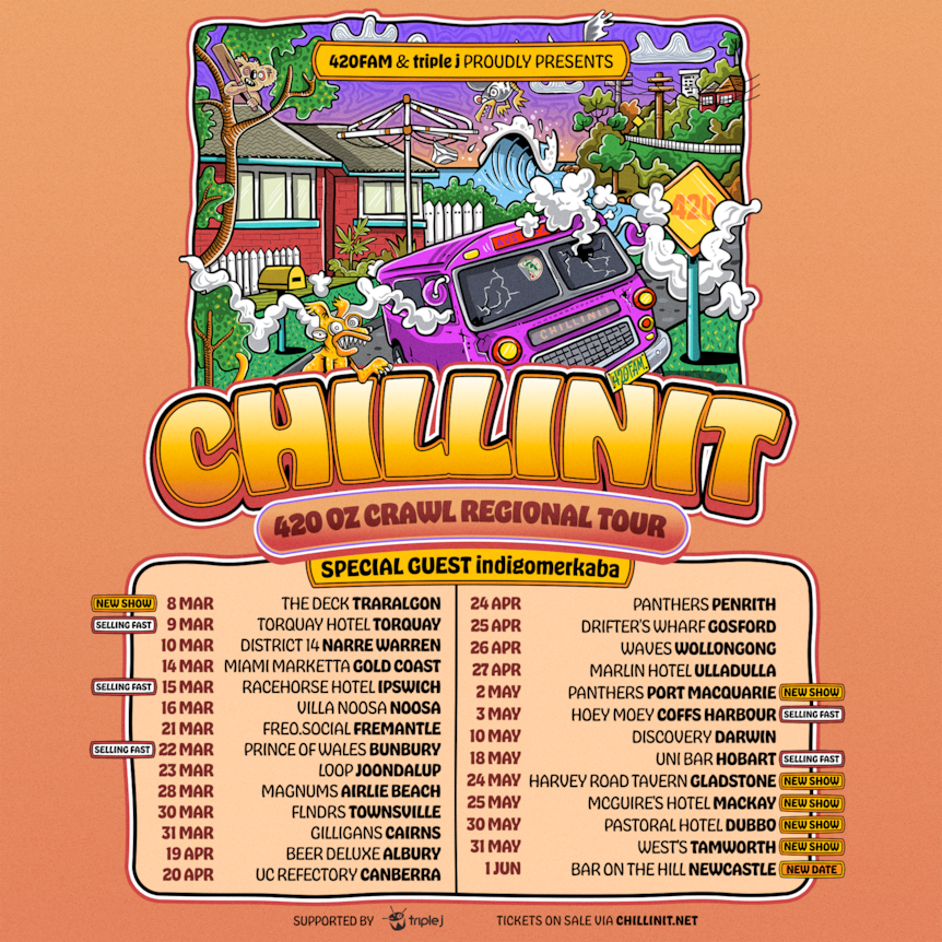 Orange poster for Chillinit's 2024 Australian tour with a cartoon of a smoked-out bus on a suburban street