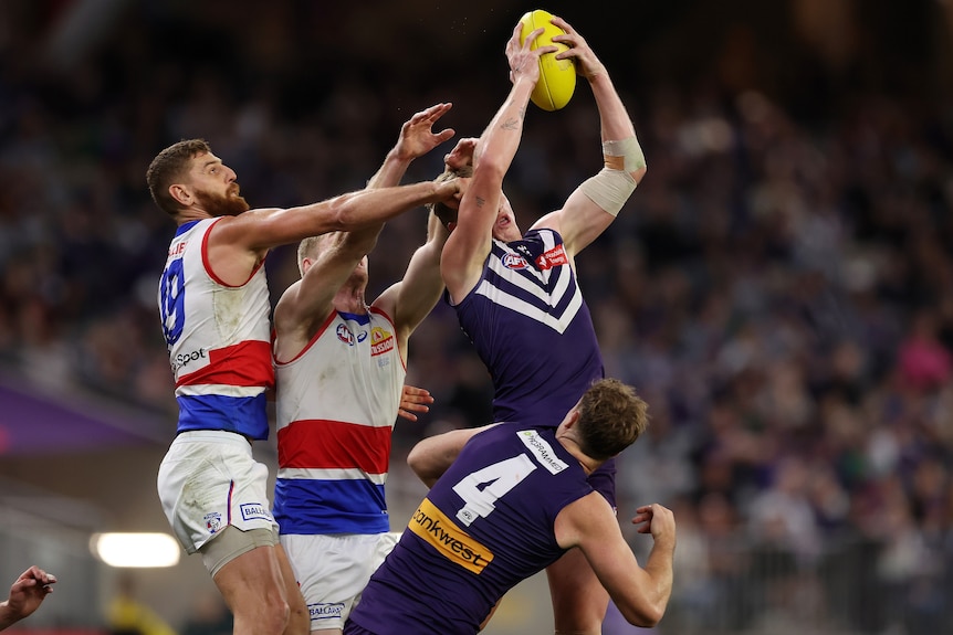 A Fremantle Dockers forward clad in purple (obscured) leaps high to grab the ball with two hands in front of two defenders.