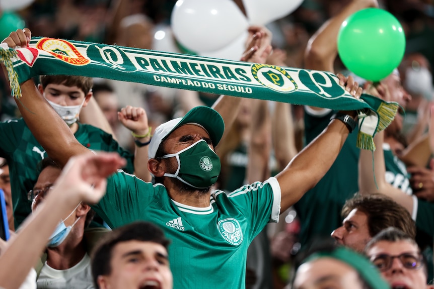 A soccer fan in a green jersey holds up a green and white scarf while wearing a mask at a match