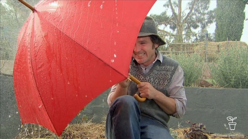 Man sitting outside shielding from rain with large red umbrella