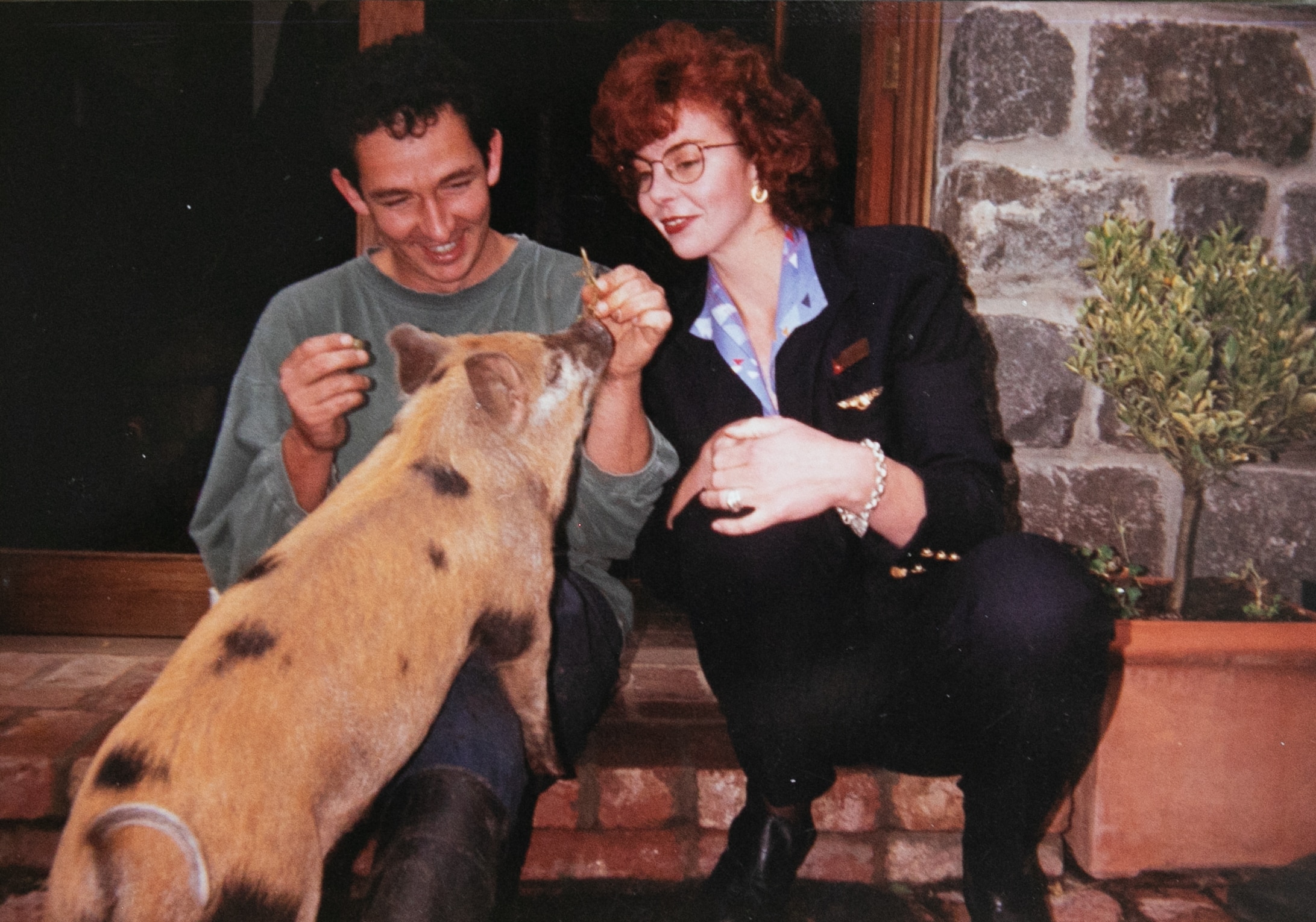 A man and woman sit on brick steps, as a pig leans across the man's lap to sniff the woman. Both are smiling