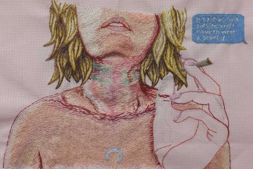 Embroidered artwork of a girl smoking a cigarette, there are strangulation marks around her neck.