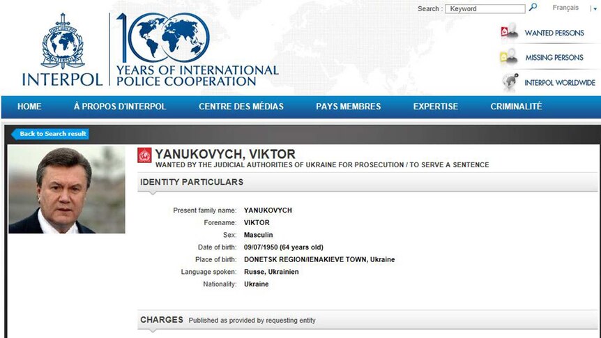 Interpol places Viktor Yanukovych on international wanted list