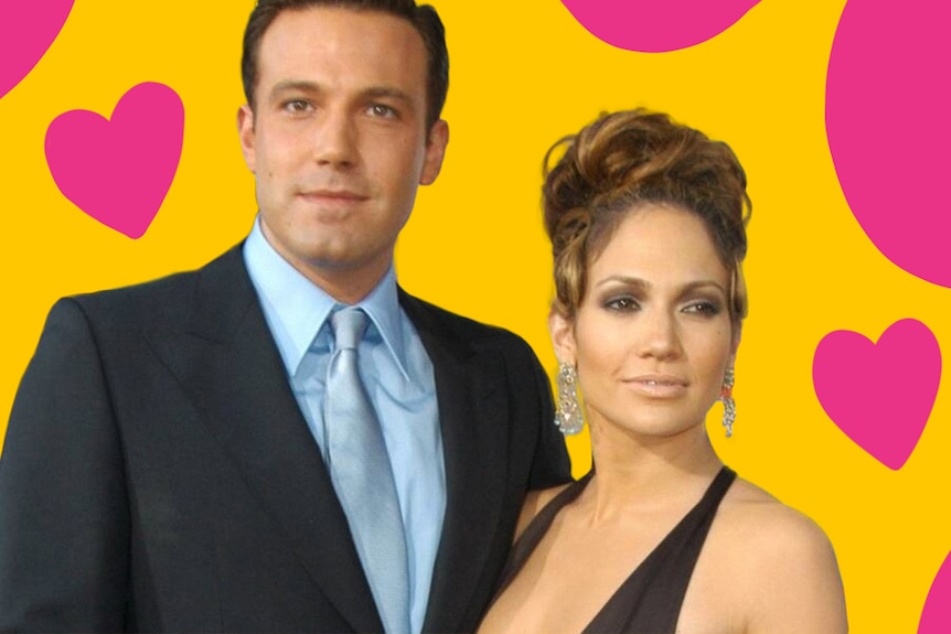 Ben Affleck and Jennifer Lopez, surrounded by cartoon hearts.