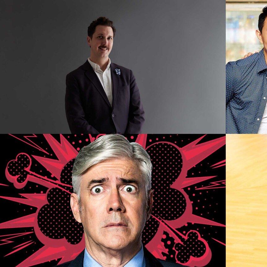 4 images: a white man in a suit, main cast of Kims Convenience, singer Lorde stands, Shaun Micallef with an explosion graphic