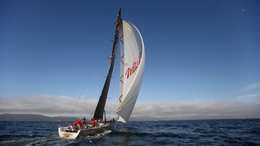 Wild Oats XI in the River Derwent during the 2018 Sydney to Hobart yacht race.