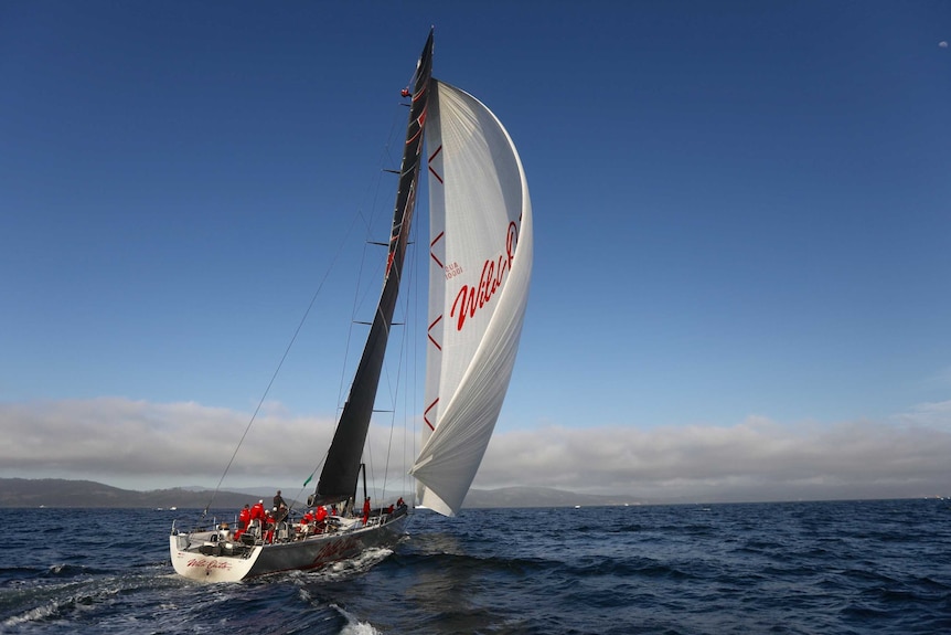 Wild Oats XI in the River Derwent during the 2018 Sydney to Hobart yacht race.