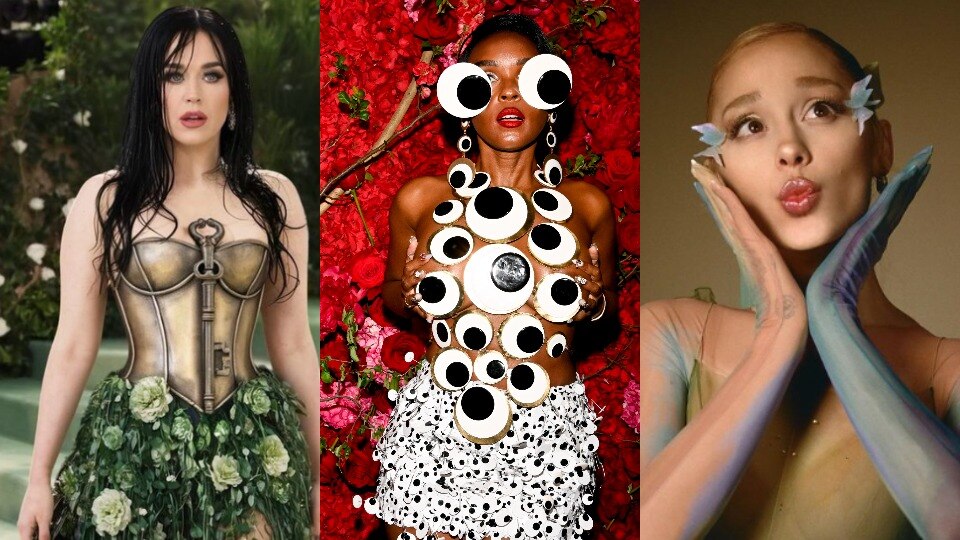 An AI version of a woman in a tin dress, a person with a googly eye dress, a woman with a grey and green dress.