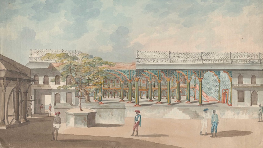 A painting of a palace, it is two stories high with dozens of colourful columns. Some people stand in the foreground.