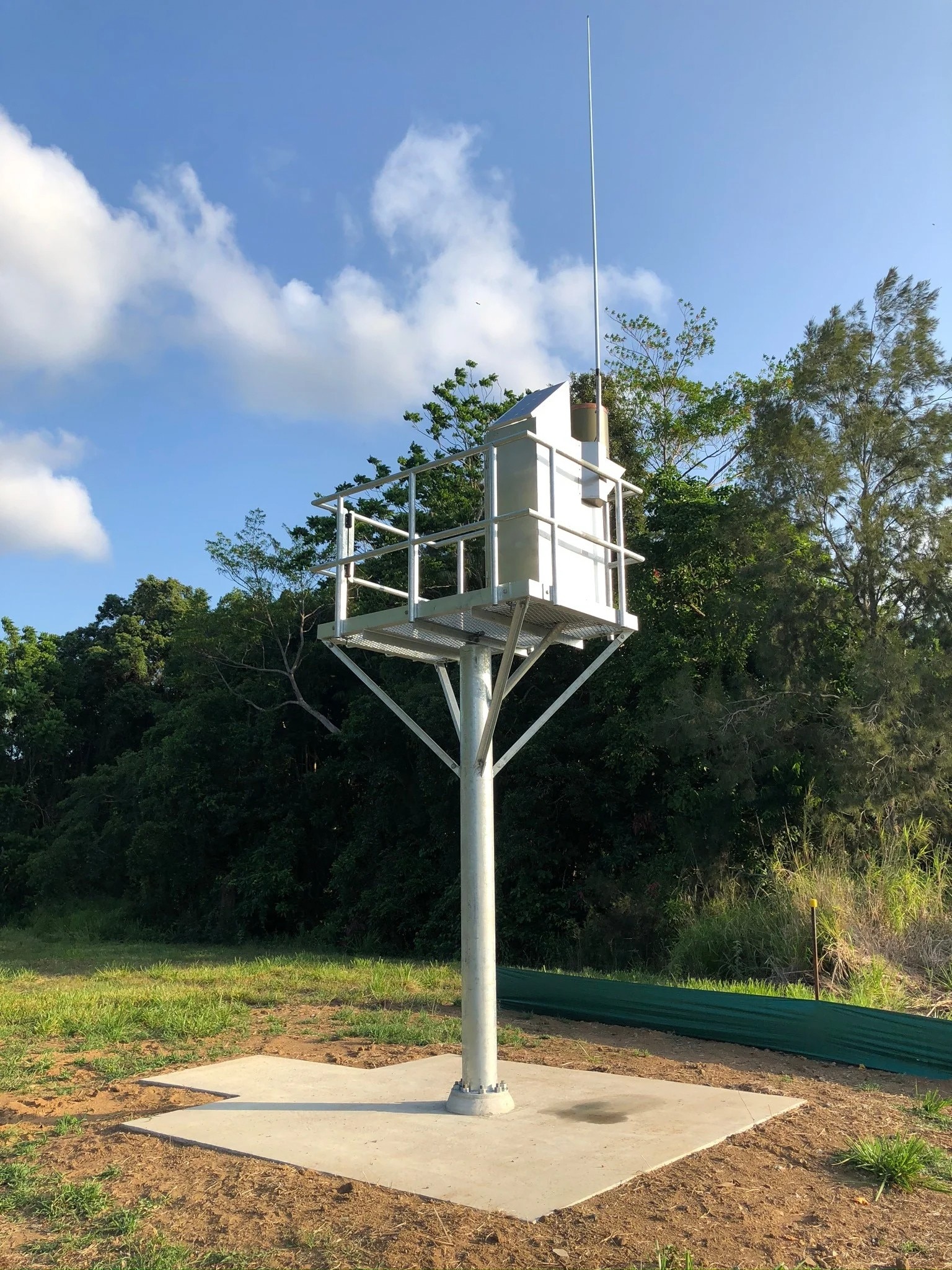 Uma caixa de cor clara com uma antena no topo de um poste em uma área arbustiva.