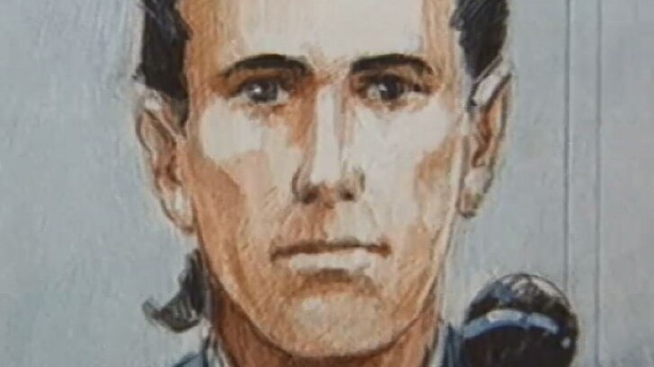 A court sketch of a young man with long dark hair pulled back in a ponytail.