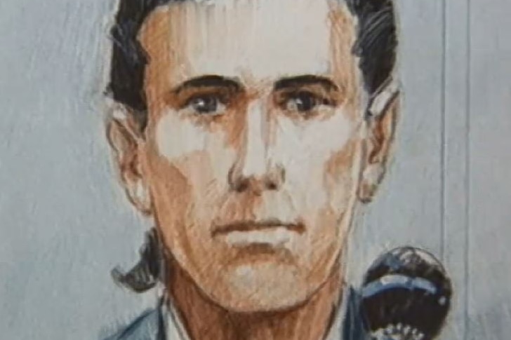 A court sketch of a young man with long dark hair pulled back in a ponytail.
