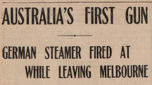 Melbourne Herald clipping of first gunshot fired in WWI