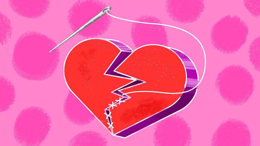 Illustration of broken heart being stitched back together to depict divorce in early 20s and what it's like.