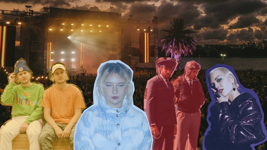 A collage of the 2021 For The Love festival line-up ft. Cosmo's Midnight, Mallrat, Flight Facilities, George Maple