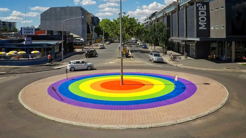 An aerial shot of a rainbow roundabout.